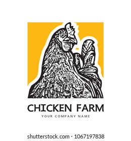 Portrait of a hen head. 
Black and white illustration. Realistic vector image of poultry chicken as a design element for logo, icon, template, label.