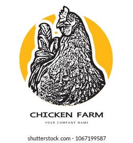 Portrait of a hen head. 
Black and white illustration. Realistic vector image of poultry chicken as a design element for logo, icon, template, label.