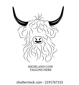 Portrait of Highland Cattle, Cow Black and White lines. Cute Head of Scottish Cattle isolated on White Background. Design Element for Logo, Poster, Card, Banner, Emblem, t shirt. Vector illustration.