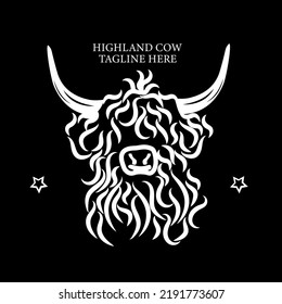 Portrait of Highland Cattle, Cow Black and White lines. Cute Head of Scottish Cattle isolated on black Background. Design Element for Logo, Poster, Card, Banner, Emblem, t shirt. Vector illustration.