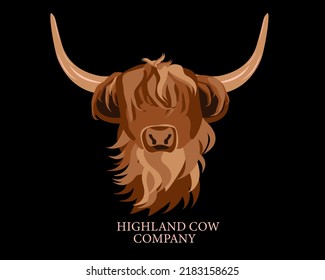 Portrait of Highland cattle, cow. Cute head of Scottish cattle isolated on black background. Design element for logo, poster, card, banner, emblem, t shirt. Vector illustration.