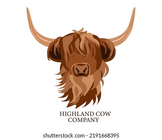 Portrait of Highland Cattle, Cow. Cute Head of Scottish Cattle isolated on White Background. Design Element for Logo, Poster, Card, Banner, Emblem, t shirt. Vector illustration.