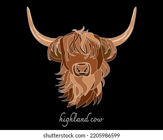 Portrait of Highland cattle, cow. Cute head of Scottish cattle white outline isolated on black background. Design element for logo, poster, card, banner, emblem, t shirt. Vector illustration.	