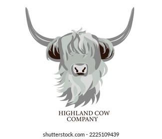 Portrait of Highland cattle, cow. Cute head of Scottish cattle isolated on White background. Design element for logo, poster, card, banner, emblem, t shirt. Vector illustration.