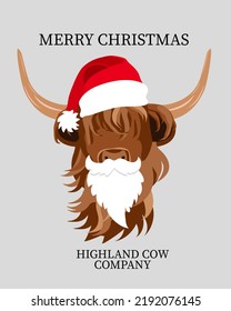 Portrait of Highland Cattle, Merry Christmas New Year Card. Cute Head of Scottish Cattle Christmas Hat White Beard. Element for Logo, Poster, Card, Banner, Emblem, t shirt. Vector illustration.