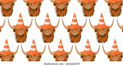 Portrait of Highland cattle, cow with Traffic Cone on top of the Head background. Vector illustration.