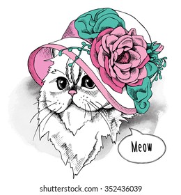 Portrait of Himalayan cat in a Summer Hat with a pink flower. Vector illustration.