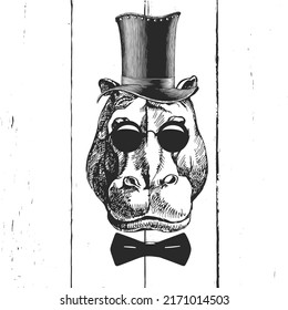 Portrait of a hippo in a cap and tie. Vintage hand drawn illustration.