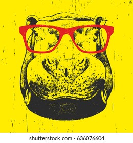 Portrait of Hippo with glasses. Hand drawn illustration. T-shirt design. Vector