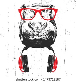 Portrait of Hippo with glasses and headphones. Hand-drawn illustration. T-shirt design. Vector