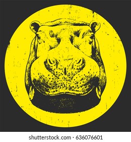 Portrait of Hippo. Hand drawn illustration. T-shirt design. Vector