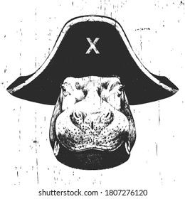 Portrait of Hippo with a pirate hat. Vector. 