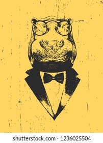 Portrait of Hippo in suit, hand-drawn illustration, vector