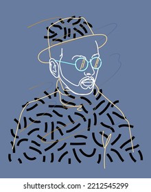 Portrait of hipster fashionable man. Symbol of creator, philosopher. Abstract man wearing sunglasses.  For postcard, poster. Simple line art. Trendy vector illustration. Hand drawn style.