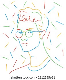 Portrait of hipster fashionable man. Symbol of creator, philosopher. Abstract colorful young man. charming boy. For postcard, poster. Simple line art. Trendy vector illustration. Hand drawn style.