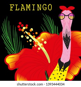 Portrait of Hipster flamingo in a fun neon glasses and red bandage. Fashion dressed up animal illustration. Funny poster whith flower hibiscus. T-shirt composition, style print.