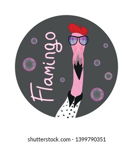 Portrait of Hipster flamingo in a fun neon glasses and red barret whith bubble. Fashion dressed up animal illustration. Funny poster in circle. T-shirt composition, hand drawn style print.