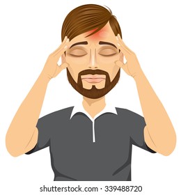 portrait of hipster man touching his temples suffering a terrible and painful headache isolated over white background