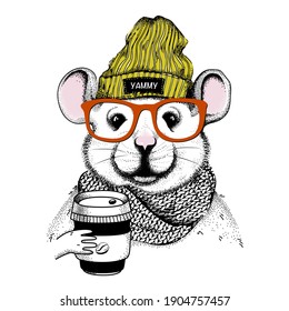 the portrait of hipster mouse in a scarf, a hat and red glasses with a paper cup of coffee