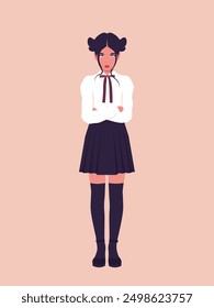 Retrato de una colegiala hispana arrogante de pie de cuerpo entero. Adolescente descarada. Acoso escolar. Ilustración plana de Vector