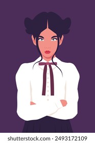 Portrait of a Hispanic discontent schoolgirl. Cheeky teenager in a school uniform. School bullying. Vector flat illustration