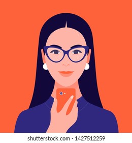 Portrait Of An Hispanic Girl Holding A Mobile Phone In Her Hand. Avatar Female Student With Glasses. Addiction On The Internet And Social Networks. Vector Flat Illustration