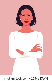 Portrait of a Hispanic woman with crossed arms. Office professions. Vector flat illustration.
