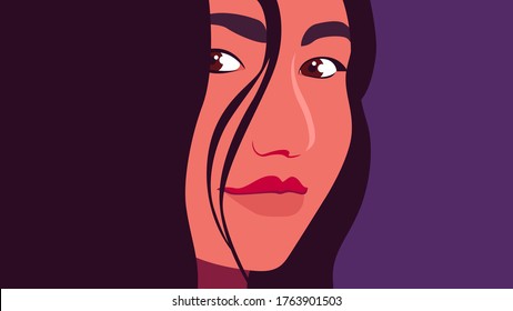 Portrait of an Hispanic woman. The head of a girl. Minimalist. Vector illustration in flat style