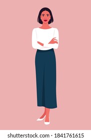 Portrait of a hispanic woman stands full-length with arms crossed. Popular office professions and business. Vector flat illustration