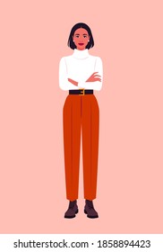 Portrait of a hispanic woman stands full-length with arms crossed. The boss is dressed in casual clothes: a sweater, trousers, boots. Autumn and winter look. Vector flat illustration