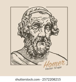 Portrait of Homer, Illustration in the style of a medieval engraving