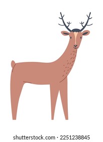 Portrait of hoofed grazing animal, isolated deer with branched bony antlers. Stag mammal with smooth furry coat and horns. Zoology and wilderness, wildlife and nature species. Vector in flat style