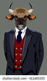 Portrait of a horned bull in a business suit