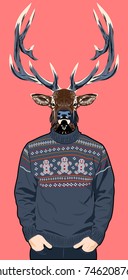 Portrait of a Horned Deer in a man's knitted sweater with patterns in the form of little men