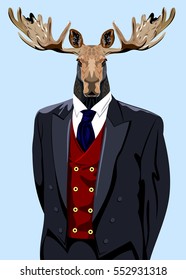 Portrait of a horned elk in the men's business suit and hat