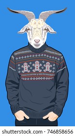 Portrait of an horned goat dressed in a warm man's sweater with a pattern in the form of little men