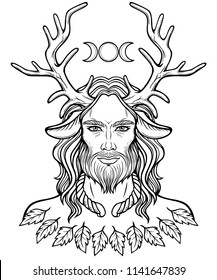 Portrait of horned god  Cernunnos . Mysticism, esoteric, paganism, occultism. Linear monochrome drawing. Vector illustration isolated on a white background.