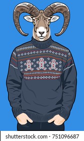 Portrait of a horned ram in a warm men's sweater with a picture in the form of little people