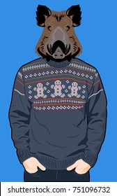Portrait of a horned ram in a warm men's sweater with a picture in the form of little people