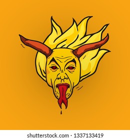 Portrait of a horny demon with a fiery head for Halloween concept. Vector illustration.