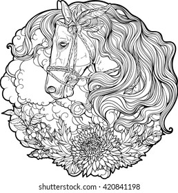 Portrait of a horse with clouds and flowers. Coloring page.