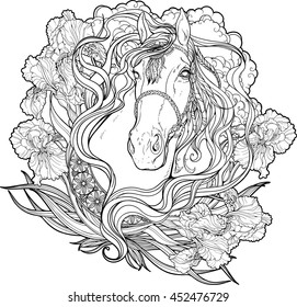 Portrait of a horse with clouds, flowers and leaves. Coloring page.