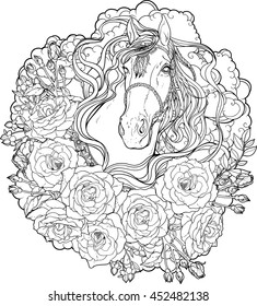Portrait of a horse with clouds and roses. Coloring page.