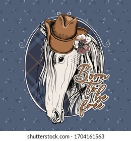 Portrait of a Horse in a cowgirl hat with flower on a checkered background. Born to be free - lettering quote. T-shirt composition, hand drawn style print. Vector illustration.