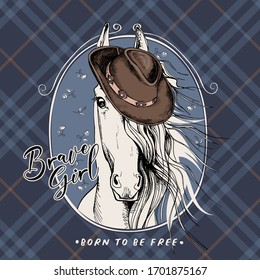 Portrait of a Horse in a cowgirl hat on a checkered background. Brave Girl. Born to be free - lettering quote. T-shirt composition, hand drawn style print. Vector illustration.