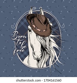 Portrait of a Horse in a cowgirl hat on a checkered background. Born to be free - lettering quote. T-shirt composition, hand drawn style print. Vector illustration.