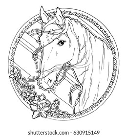 portrait of horse; decorative graphic illustration with flowers and frame