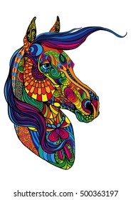 Portrait of horse in different patterns. Curls and colors.