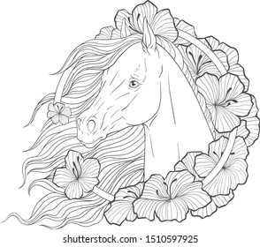Portrait of a horse in flowers. Horseback Riding. Coloring page.