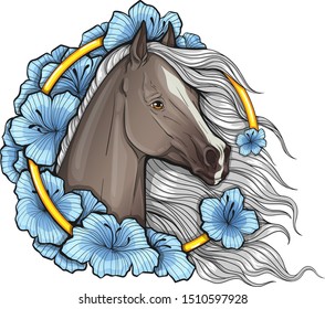 Portrait of a horse in flowers. Horseback Riding.